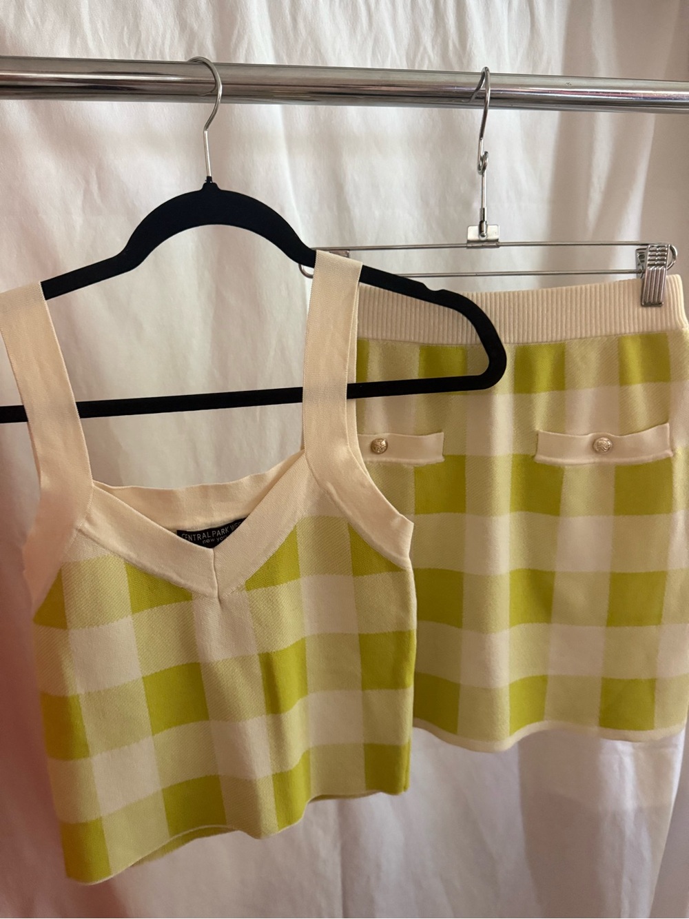 Central Park West Cream and Lime Gingham Knit Skirt Set